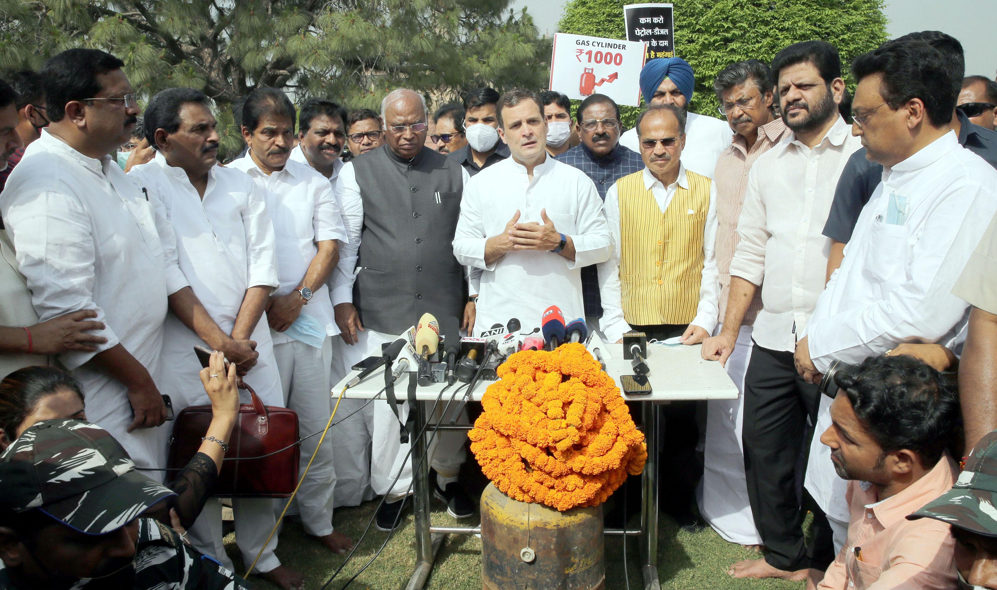 The Congress protests the hike in fuel prices outside Parliament.