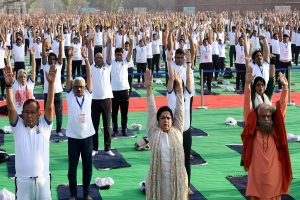 LS Speaker, Union Ministers perform Yoga on World Health Day