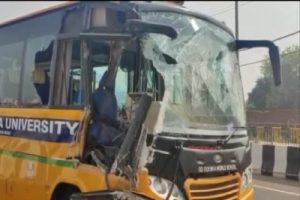 Gurugram: Narrow escape for University students in bus-tractor trolley collision