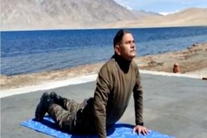 Northern Army Commander practices yoga on the bank of Pangong Lake