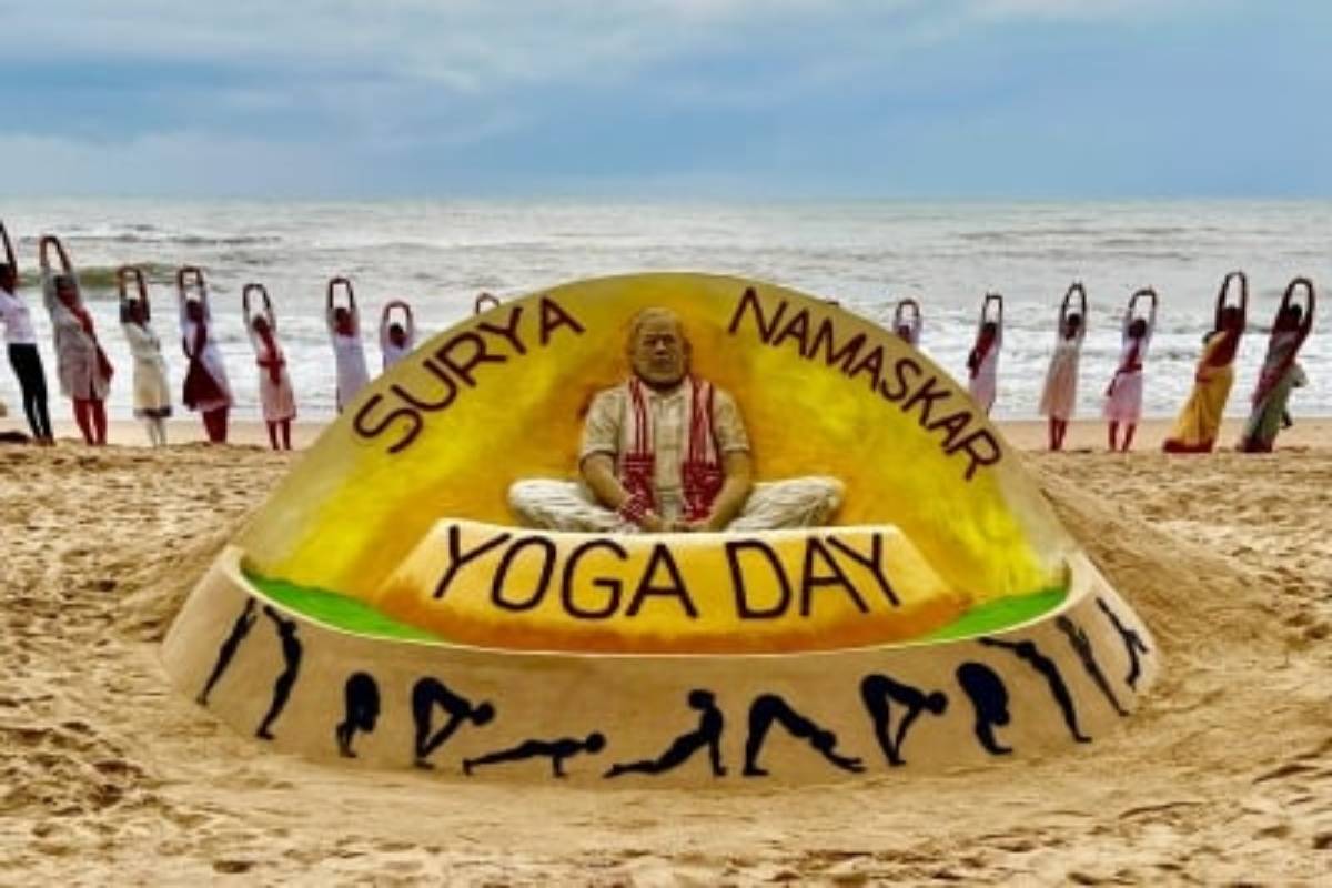 Sudarshan Pattnaik creates Modi’s sand sculpture on Yoga Day eve