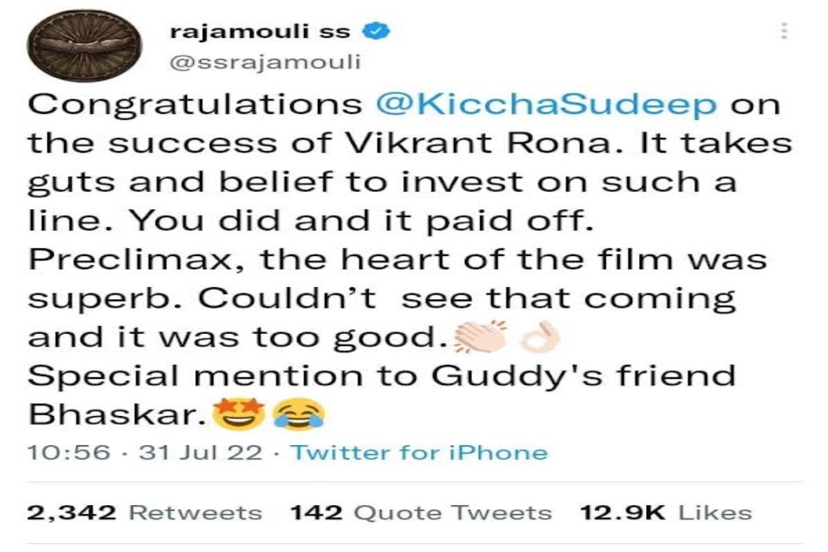 Kichcha Sudeepa’s Vikrant Rona Gets A New Fan In SS Rajamouli; Checkout How!