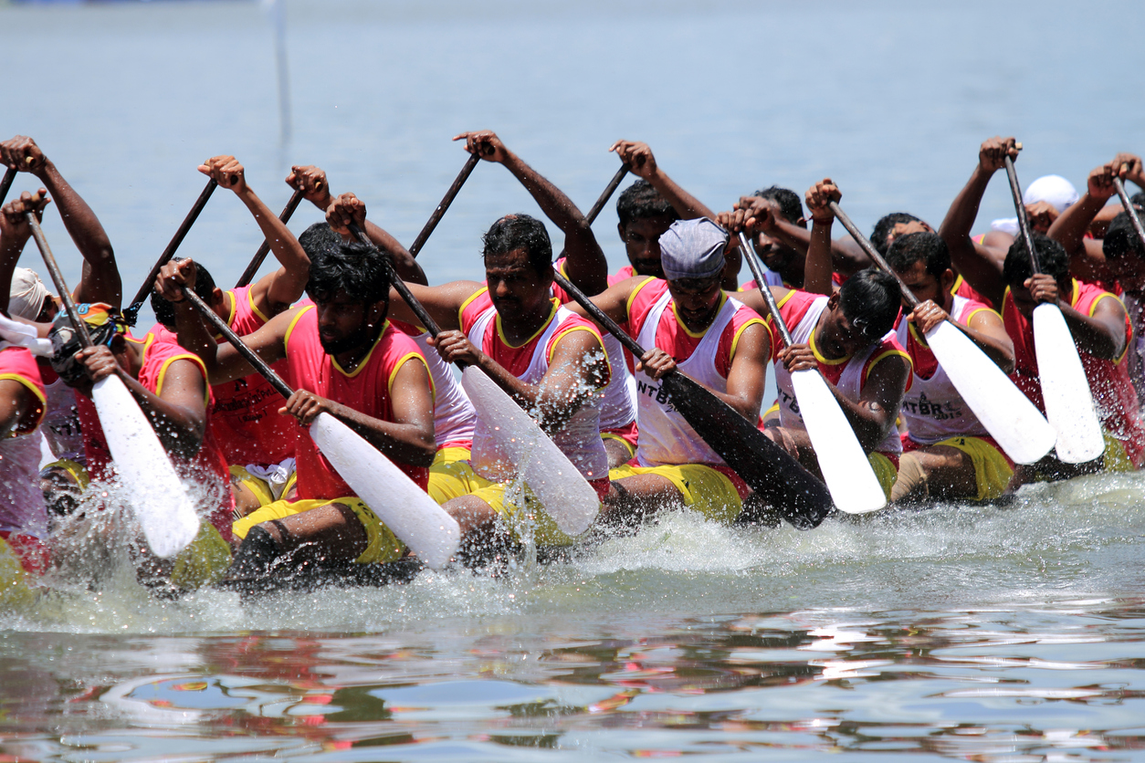 Snake boats competing in the Nehru Trophy Boat race in Alleppey