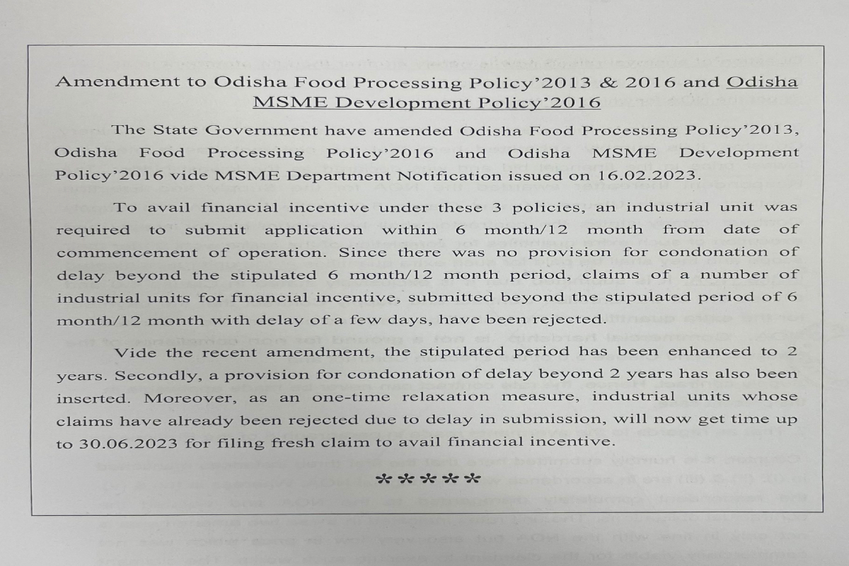 Odisha amends food processing, MSME development policies