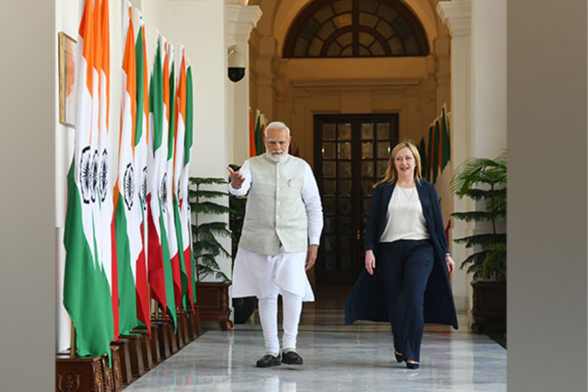 PM Modi meets Italian PM Giorgia Meloni at Delhi’s Hyderabad House.