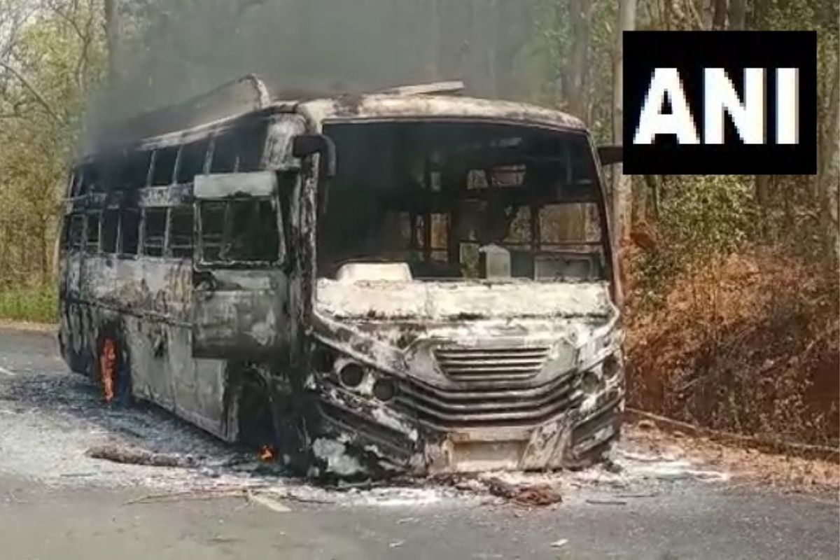 Naxals set ablaze a passenger bus in Malewahi area, Dantewada district