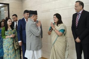 Nepal PM Pushpa Kamal Dahal arrives in Delhi, receives warm welcome by MoS Lekhi