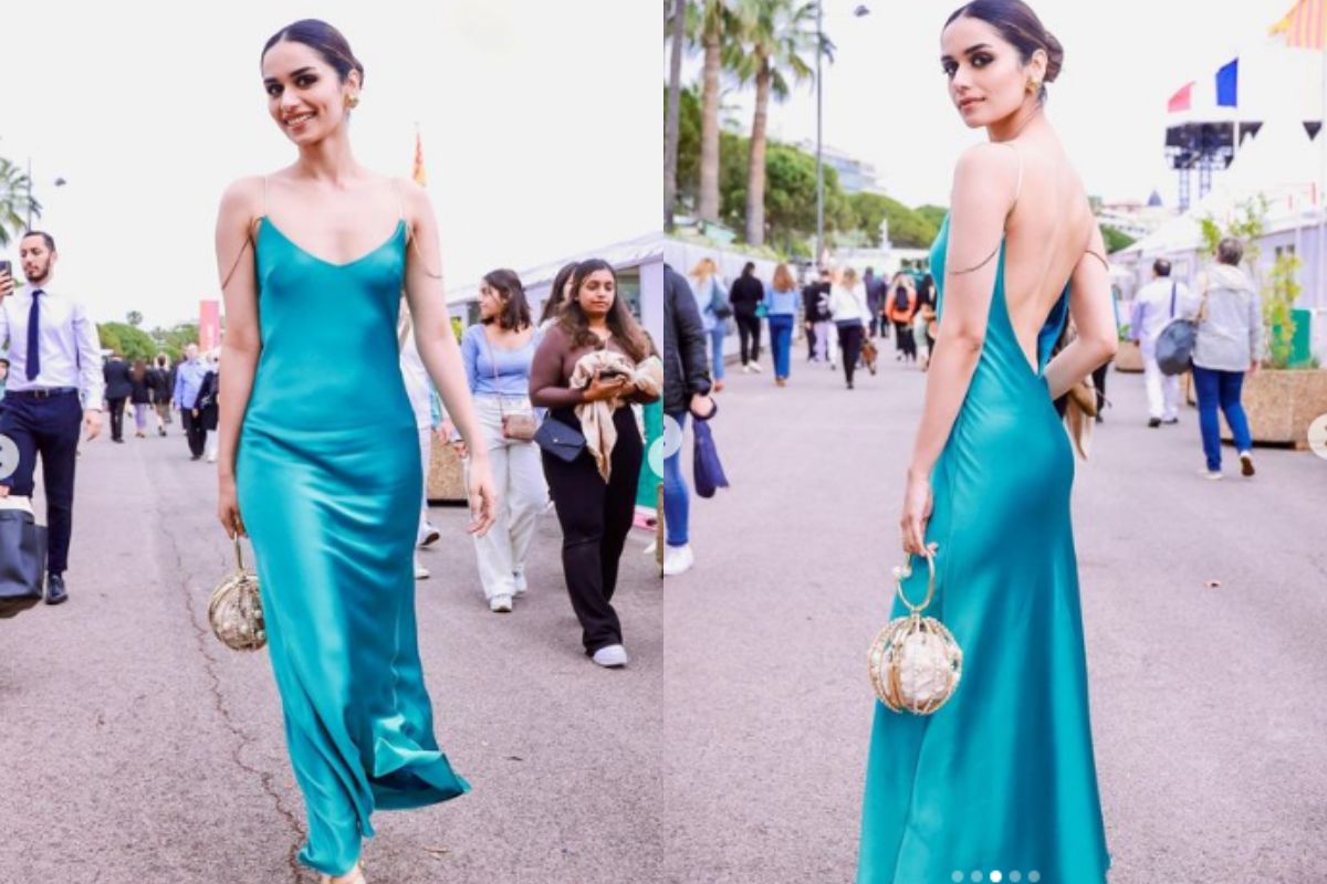 Cannes 2023: Manushi Chhillar attracts attention in a turquoise slinky satin backless dress