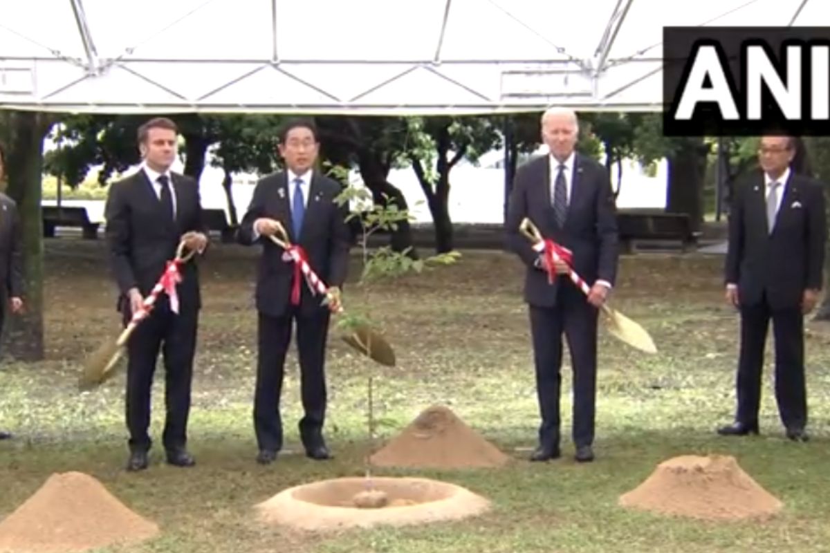 US President Biden, UK PM Sunak, French President Macron arrive at Hiroshima Peace Memorial Park in Japan