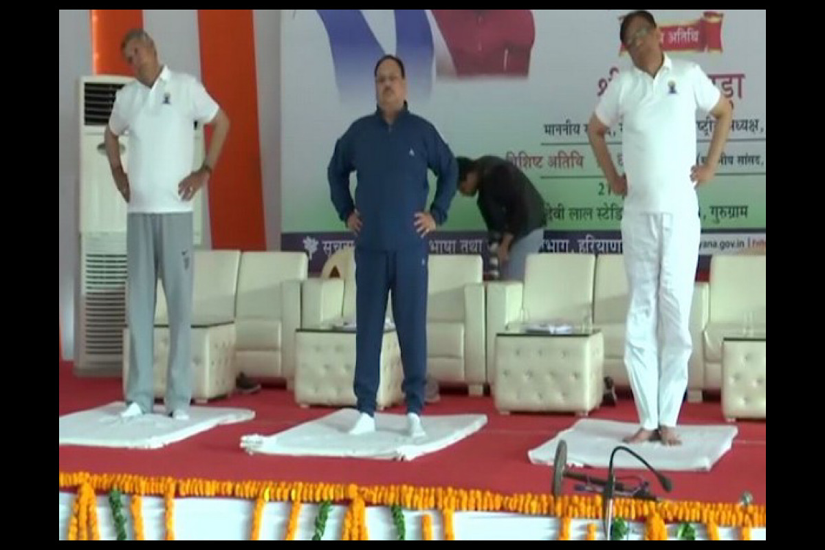 International Yoga Day: JP Nadda performs Yoga at Tau Devi Lal stadium in Gurugram
