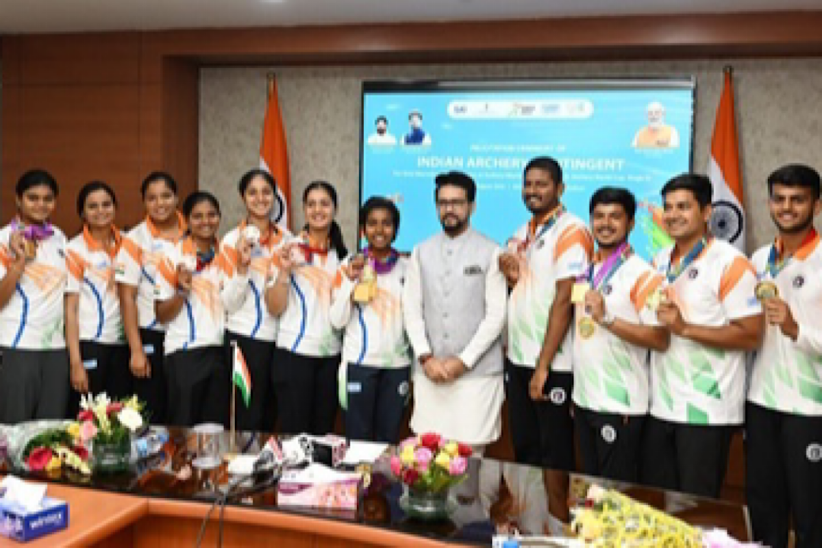 Sports Minister Anurag Thakur felicitates medal-winning compound and recurve archers