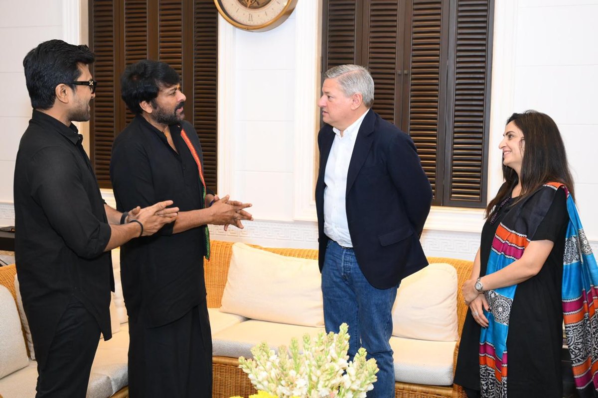 Netflix CEO Ted Sarandos meets Chiranjeevi and Ram Charan in Hyderabad