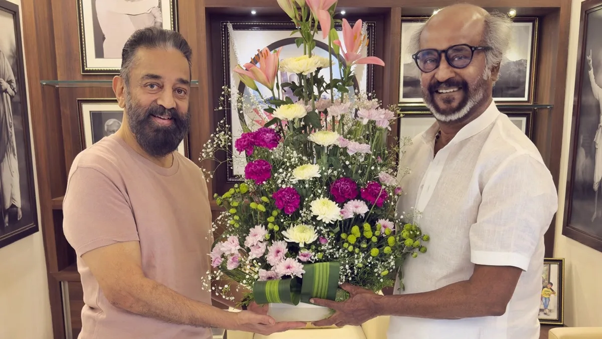 Kamal Haasan meets Rajinikanth before Rajya Sabha oath
