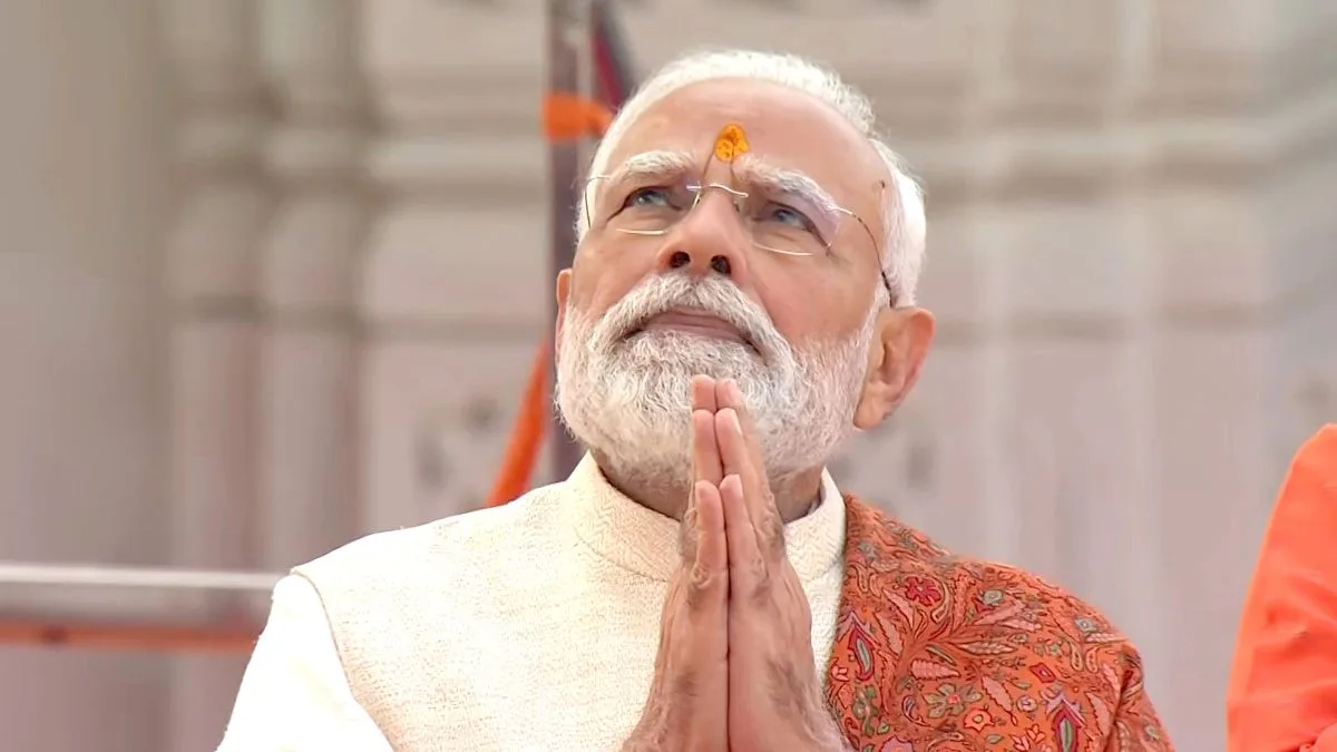 PM Narendra Modi offers prayers at the Ram Mandir during the Dhwajarohan ceremony in Ayodhya.
