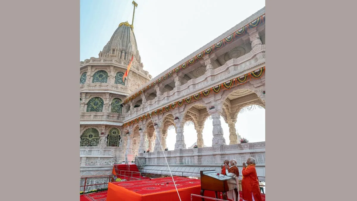 View of the Ram Mandir shikhar and saffron flag during the Dhwajarohan ceremony.