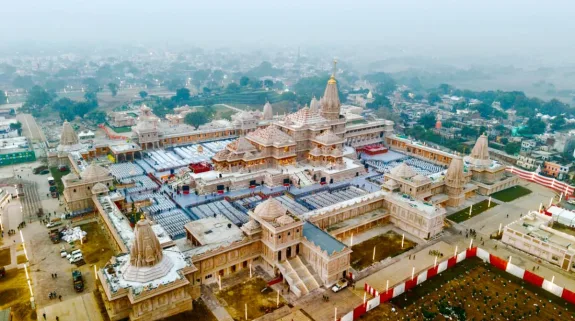 Aerial view of the Ram Mandir complex in Ayodhya during the Dhwajarohan Utsav.