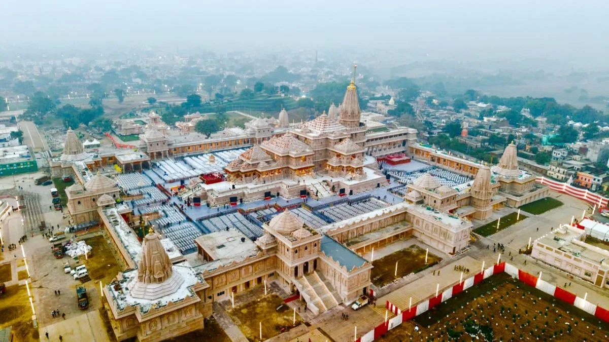 Aerial view of the Ram Mandir complex in Ayodhya during the Dhwajarohan Utsav.