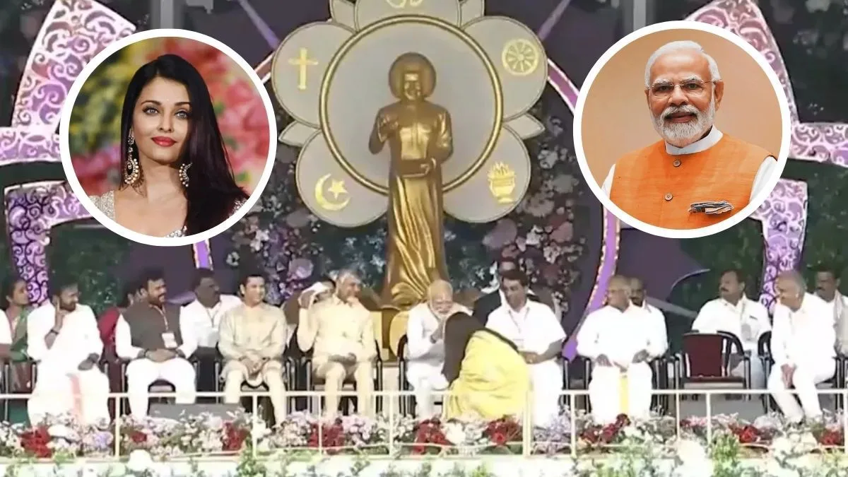 Aishwarya Rai Bachchan touches PM Modi’s feet at Sathya Sai Baba centenary in Puttaparthi