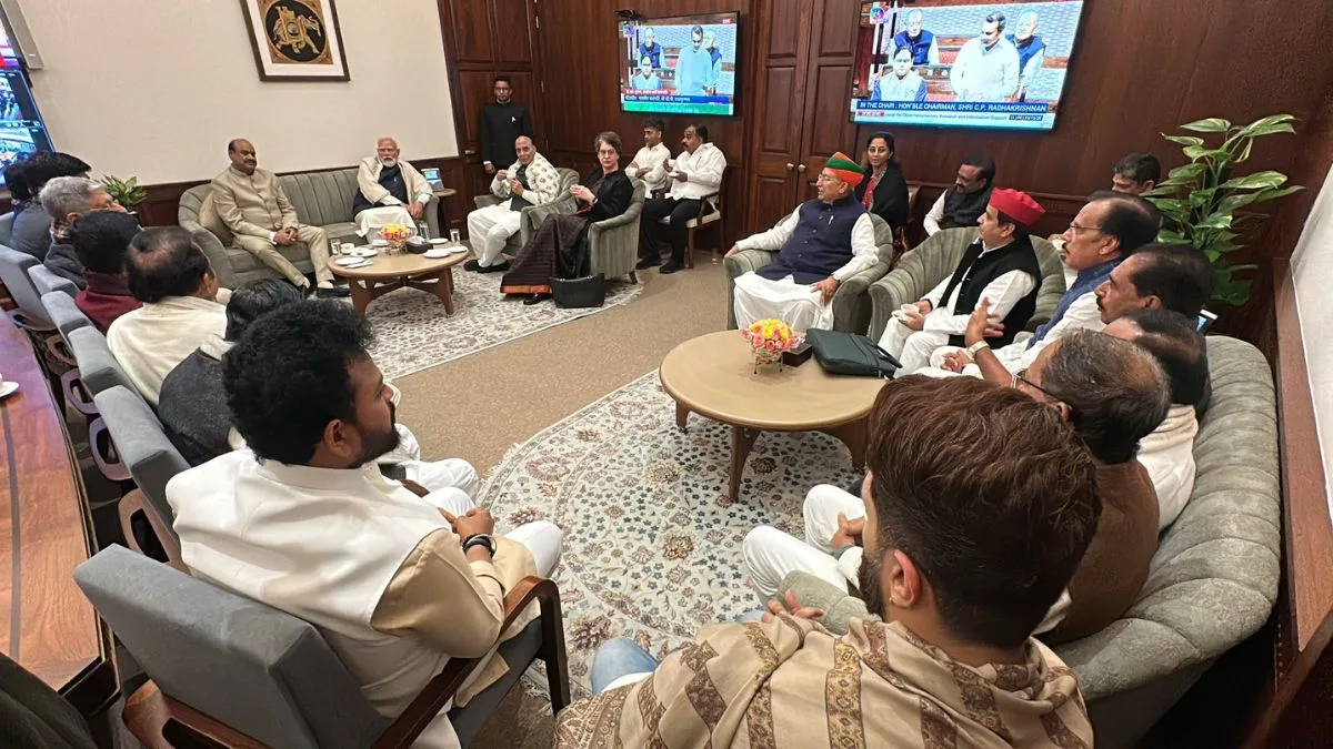 Scene of bonhomie, light-hearted moments mark Lok Sabha Speaker’s tea party