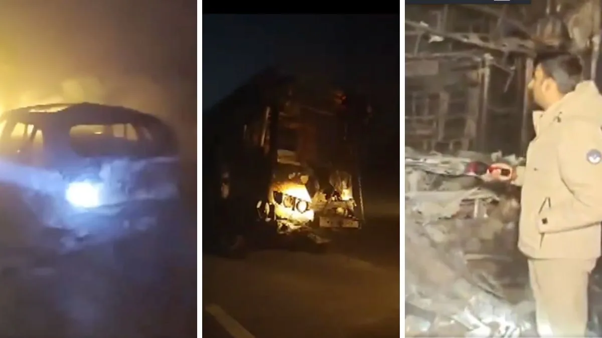 Burnt buses and cars after a fog-hit multi-vehicle accident on Yamuna Expressway in Mathura