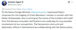 Italian Deputy Prime Minister and Foreign Minister Antonio Tajani posts on X