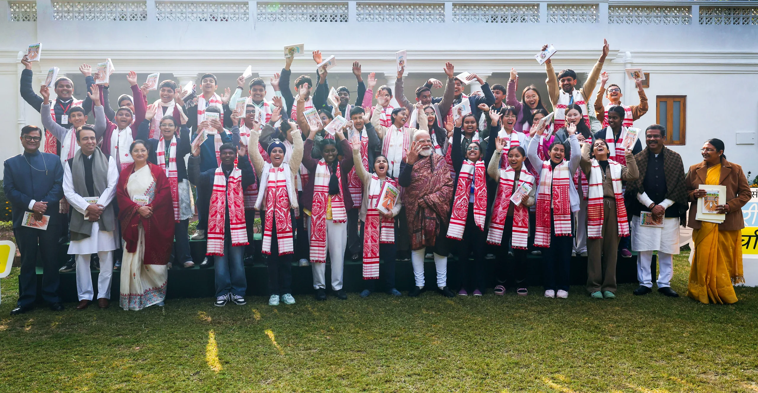 The event ends on a high note as Prime Minister Narendra Modi and Union Education Minister Dharmendra Pradhan join students with raised hands during the concluding moments of the 9th edition of Pariksha Pe Charcha in New Delhi. img