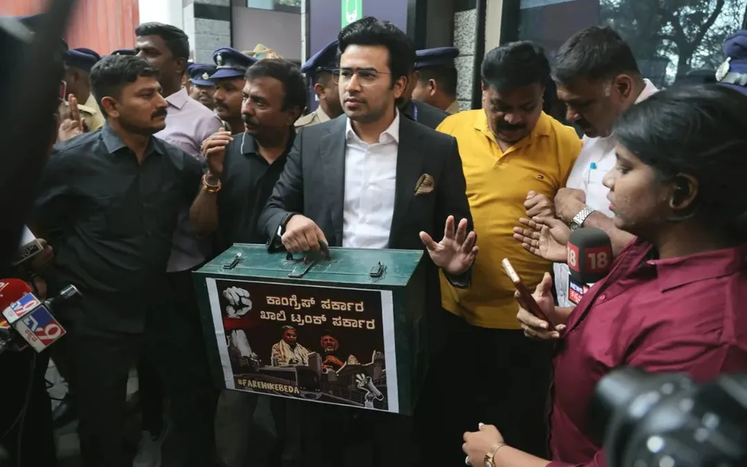 Displaying ’empty trunk’, Tejasvi Surya detained during protest in Bengaluru