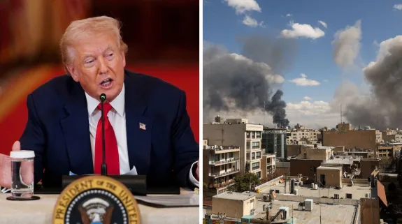 US President Donald Trump speaks as smoke rises over buildings in Iran amid ongoing US-Israel strikes