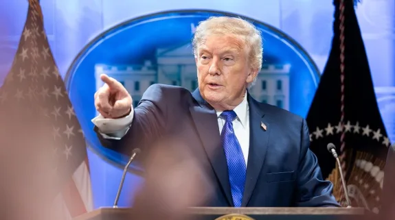 US President Donald Trump speaking at the White House, pointing during remarks on Iran talks
