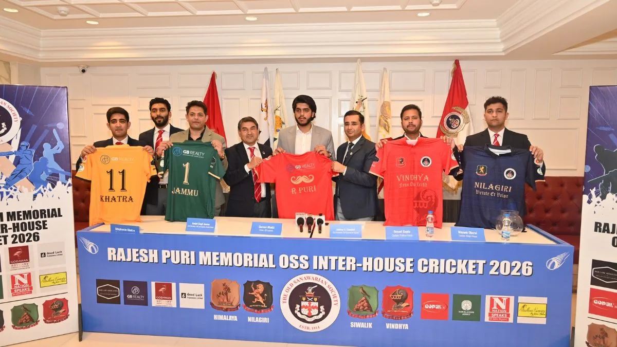 Rajesh Puri Memorial Inter-House Cricket Tournament 2026, Old Sanawarian Society PCA Stadium Mullanpur, Himalaya Siwalik Vindhya Nilagiri Houses, 15-over matches 60 alumni participants, GB Legends Gurnav Bhatti jersey unveiling,