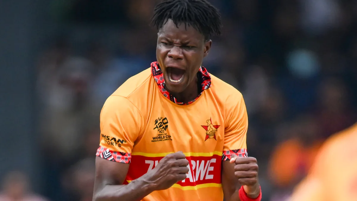 Zimbabwe's Blessing Muzarabani celebrates the wicket of Sri Lanka's Kusal Perera during the Group B ICC Men's T20 World Cup 2026 match between Sri Lanka and Zimbabwe at R. Premadasa Stadium in Colombo on Thursday, February 19, 2026. (Photo: IANS/Biplab Banerjee)