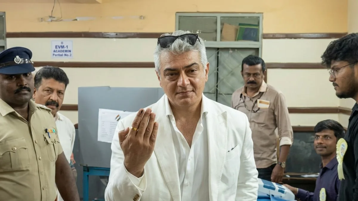 Actor Ajith Kumar casts his vote at a polling station in Thiruvanmiyur.jpg