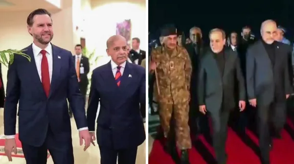 (Left) US Vice President JD Vance in Islamabad with Prime Minister Shehbaz Sharif. (Right) Iranian delegation led by Mohammad Baqer Qalibaf and Abbas Araqchi is received by Pakistan Army Chief Asim Munir at the airport. (File pic: Reuters/ANI Video Grab)