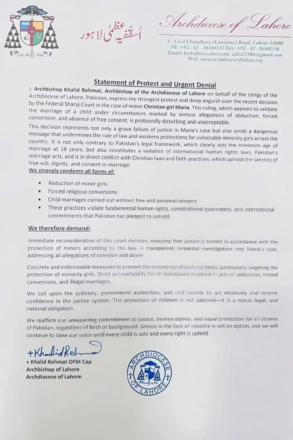 Official statement issued by Archdiocese of Lahore protesting court ruling