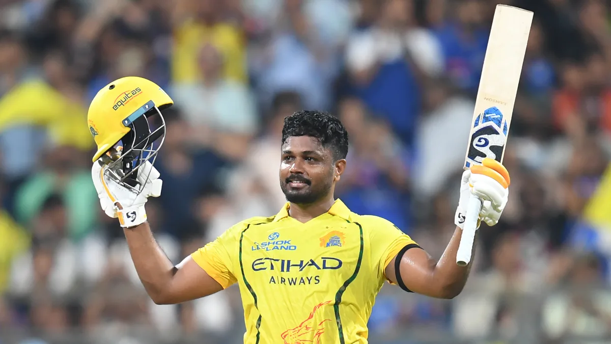 Chennai Super Kings' Sanju Samson celebrates his century during the Indian Premier League (IPL) 2026 match between Mumbai Indians and Chennai Super Kings at Wankhede Stadium in Mumbai on Thursday, April 23, 2026. (Photo: IANS)