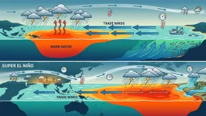 A massive surge of warm ocean water shifts eastward, disrupting global weather.