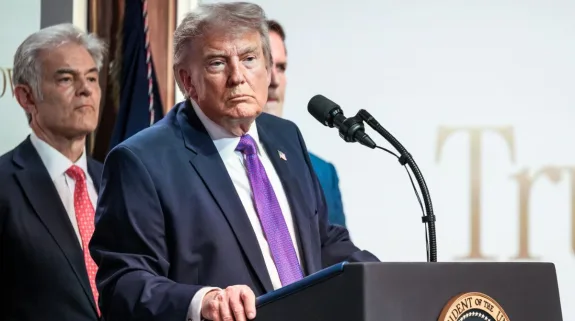 US President Donald Trump addresses reporters while discussing Iran and ongoing diplomatic efforts at the White House