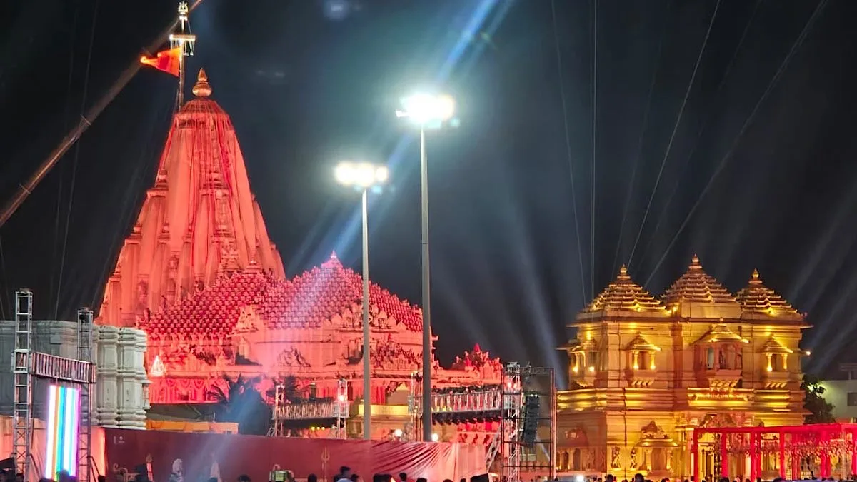 Somnath Temple glows under multicoloured illuminations as CM attends moonlit Kumbhabhishek rehearsal ceremony