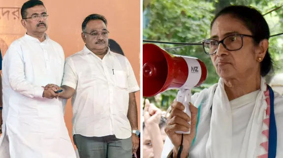 West Bengal BJP president Samik Bhattacharya with senior BJP leaders and TMC chief Mamata Banerjee during a protest programme in Kolkata