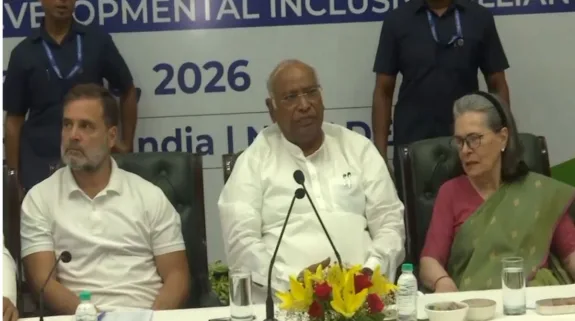 INDIA bloc leaders including Mallikarjun Kharge, Rahul Gandhi and Sonia Gandhi at the Constitution Club meeting in New Delhi