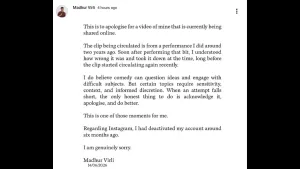 Madhur Virli apologises after rape joke backlash 'I understood how wrong it was and took it down'