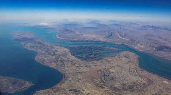 Aerial view of Iran's Qeshm Island in the Strait of Hormuz, a strategic waterway in the Gulf region