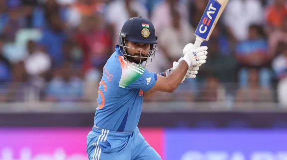 Shreyas Iyer plays a shot during an international T20 match for India after being named captain of the squad for the 2026 Asian Games.