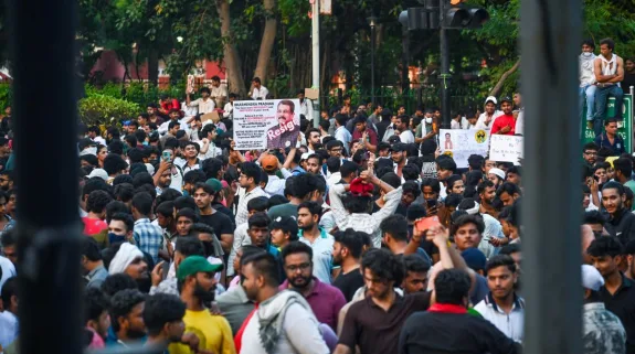 Supporters of the Cockroach Janta Party (CJP) gather at Jantar Mantar in New Delhi, demanding the resignation of Union Education Minister Dharmendra Pradhan over alleged exam paper leaks.