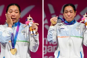 Watch: Mirabai Chanu fights back tears as national anthem plays after historic third CWG gold