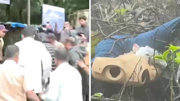 Composite image showing Pune Police at Lohagad Fort during the crime scene reconstruction and a fibre dummy in a gorge as part of the Ketan Agarwal murder investigation.