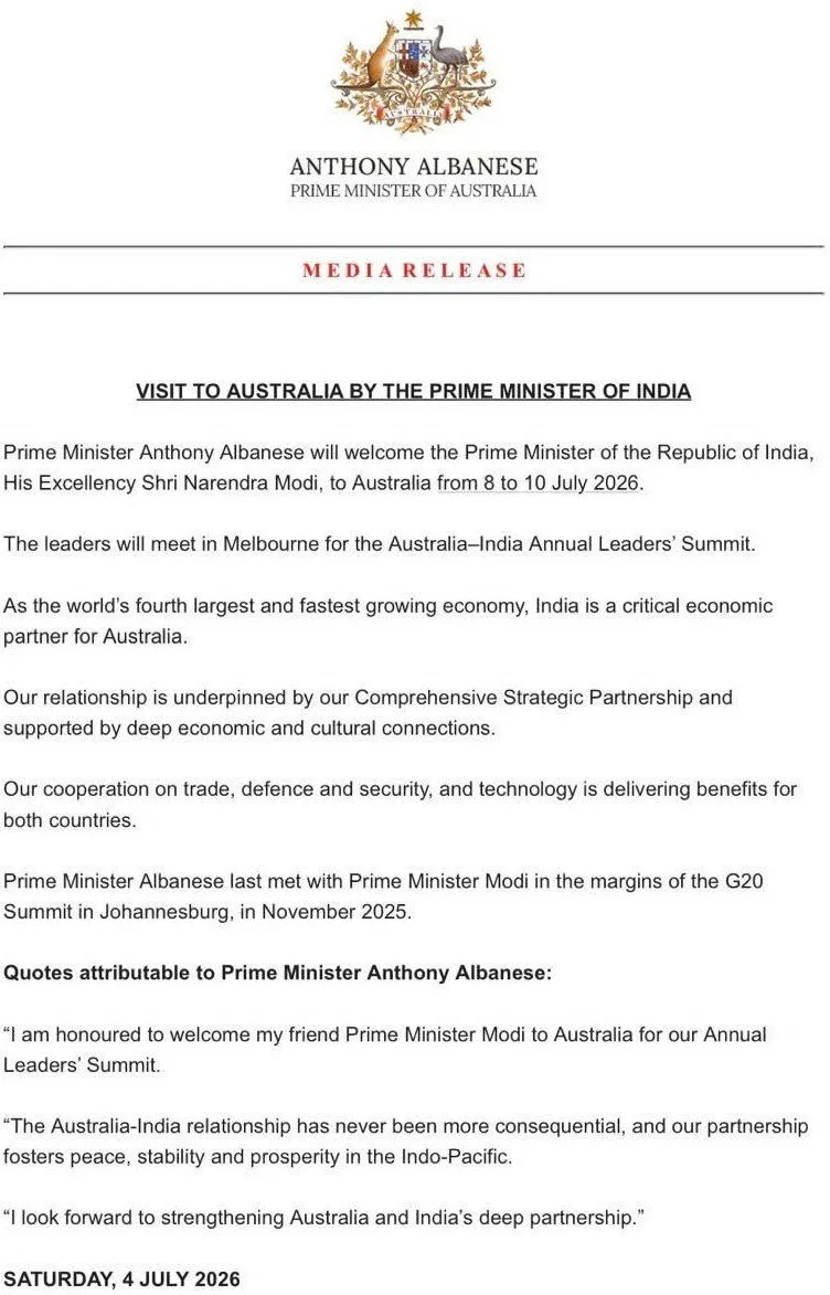 Australian Prime Minister Anthony Albanese's media release announcing Prime Minister Narendra Modi's visit to Australia.